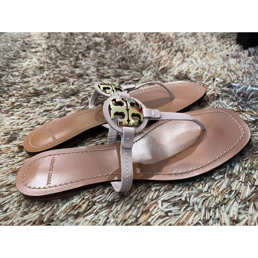 Tory Burch Mini Miller Sandal Square Toe Size 8.5 Pale Pink Gold Leather Thong